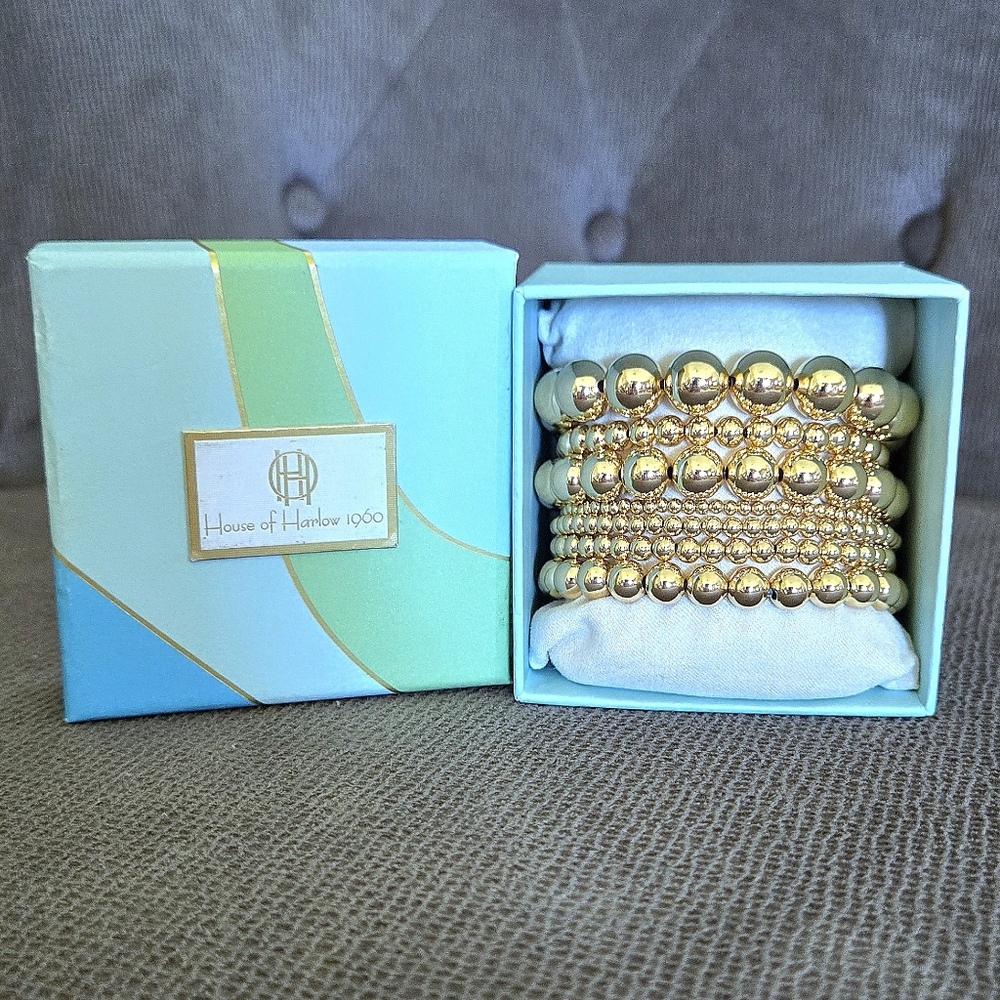 House🏠 of Harlow 1960 Set of Seven7️⃣ Stretchy Gold💛 Bead Bracelets - NIB